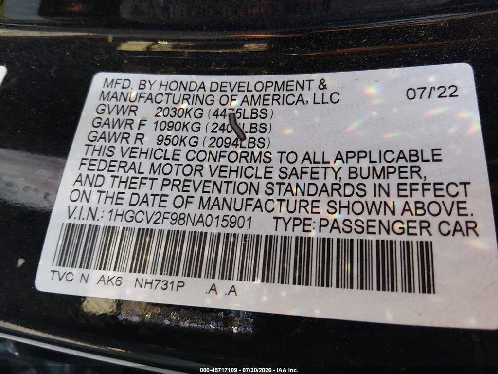 1HGCV2F98NA015901 2022 HONDA ACCORD photo no. 9