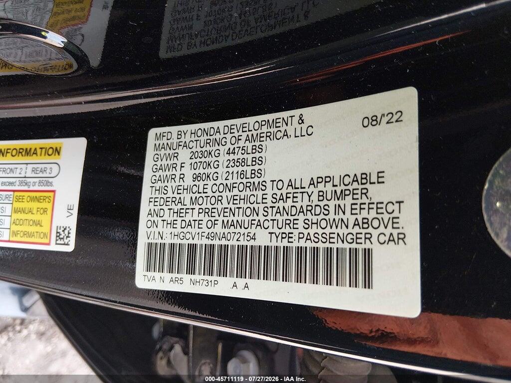 1HGCV1F49NA072154 2022 HONDA ACCORD photo no. 9