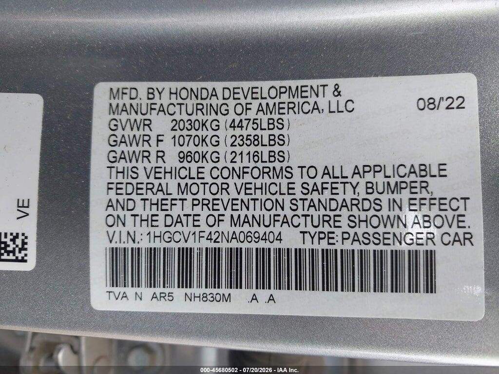 1HGCV1F42NA069404 2022 HONDA ACCORD photo no. 9