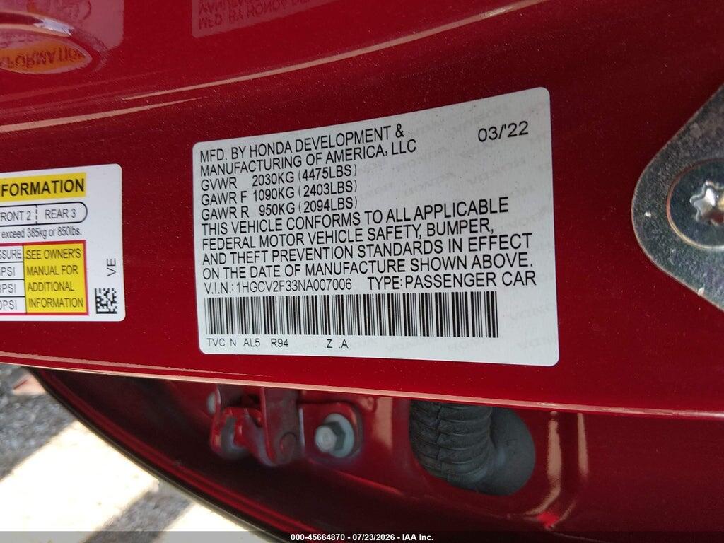 1HGCV2F33NA007006 2022 HONDA ACCORD photo no. 9