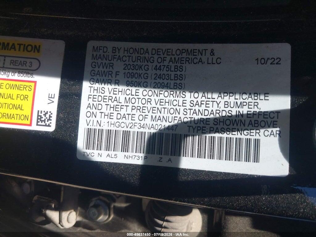 1HGCV2F34NA021447 2022 HONDA ACCORD photo no. 9