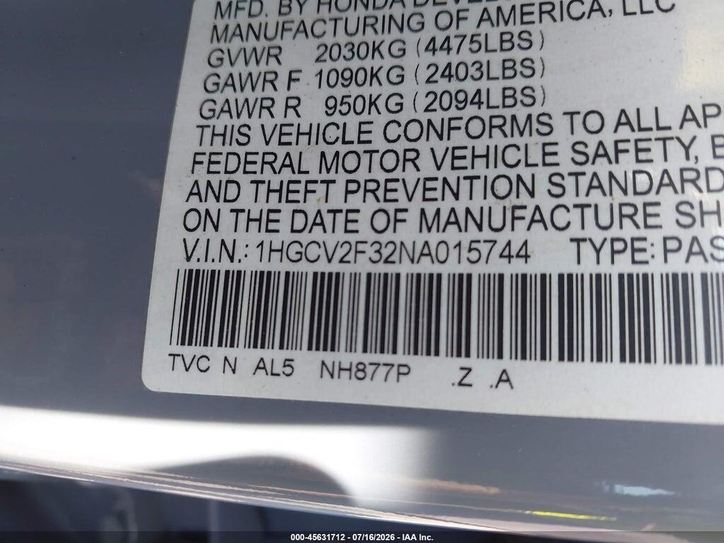 1HGCV2F32NA015744 2022 HONDA ACCORD photo no. 9