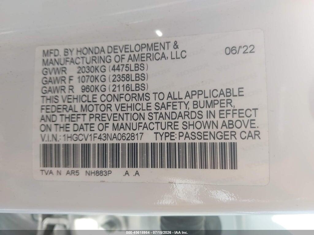 1HGCV1F43NA062817 2022 HONDA ACCORD photo no. 9