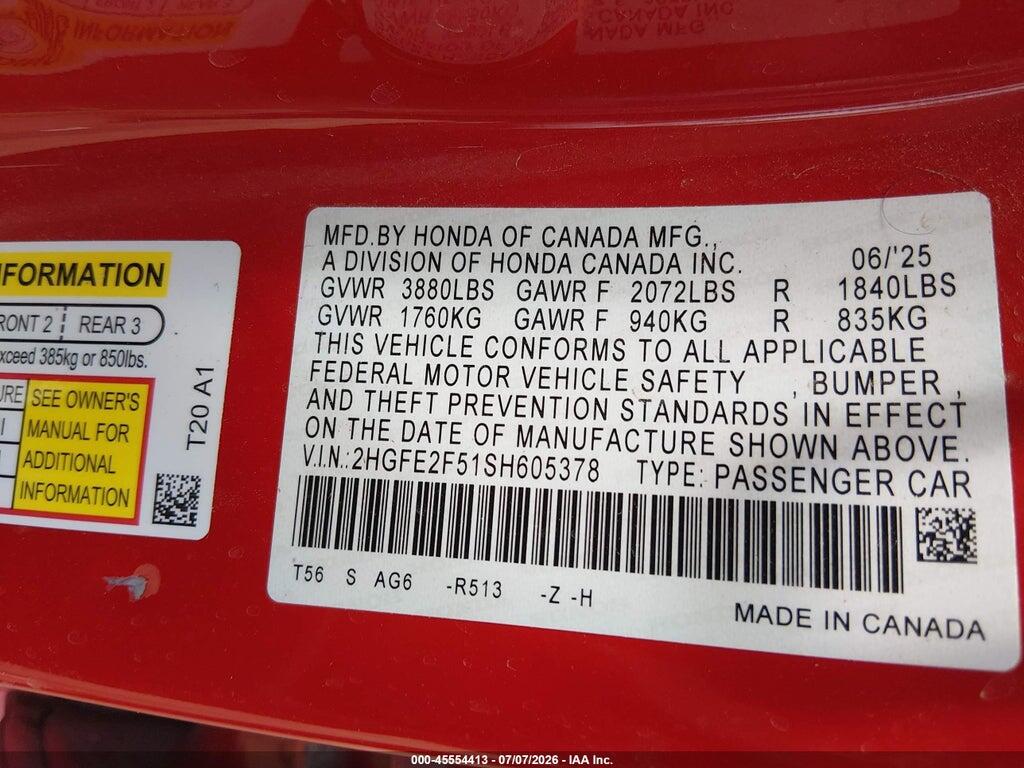 2HGFE2F51SH605378 2025 HONDA CIVIC photo no. 9