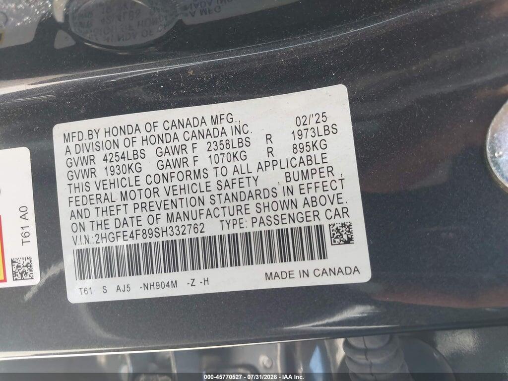 2HGFE4F89SH332762 2025 HONDA CIVIC HYBRID photo no. 9