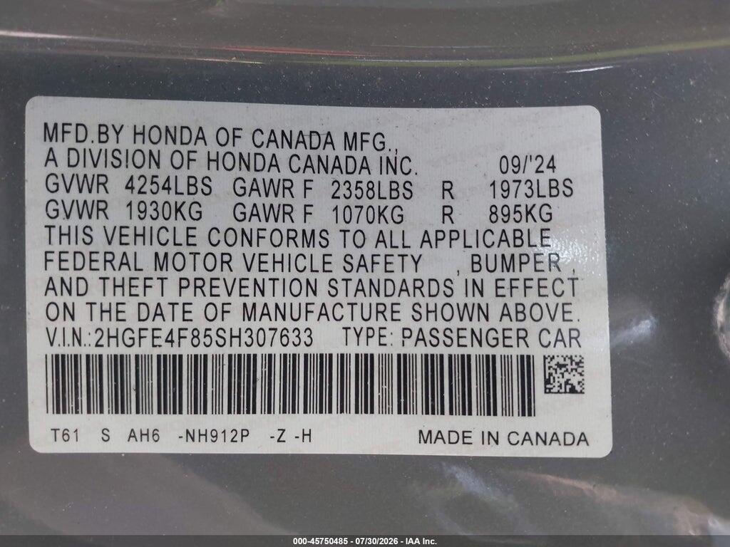 2HGFE4F85SH307633 2025 HONDA CIVIC HYBRID photo no. 9