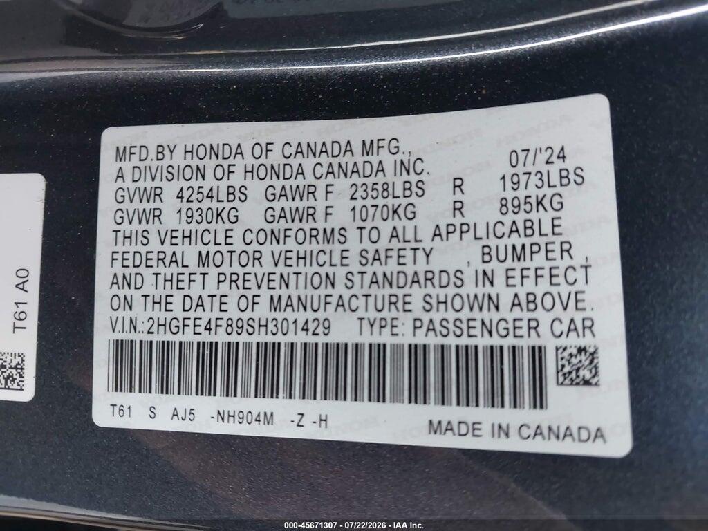 2HGFE4F89SH301429 2025 HONDA CIVIC HYBRID photo no. 9
