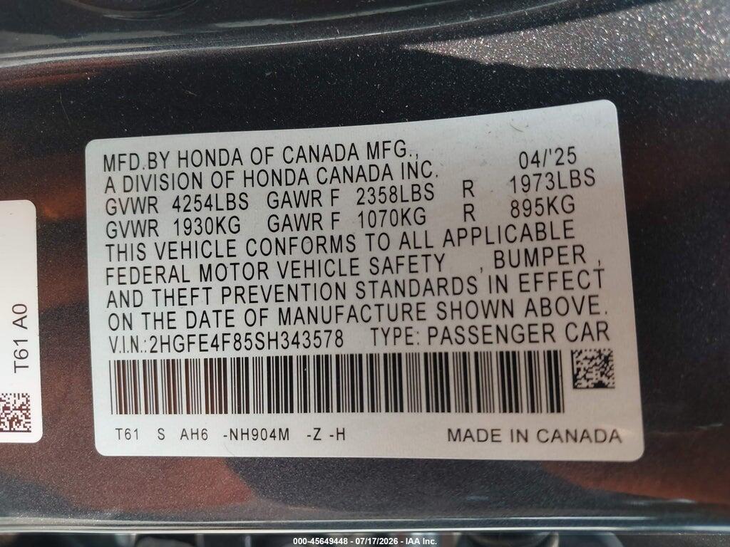 2HGFE4F85SH343578 2025 HONDA CIVIC HYBRID photo no. 9