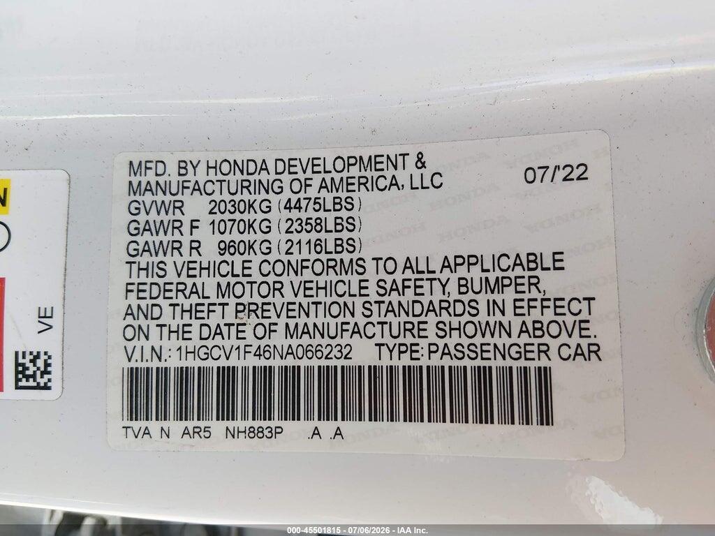 1HGCV1F46NA066232 2022 HONDA ACCORD photo no. 9