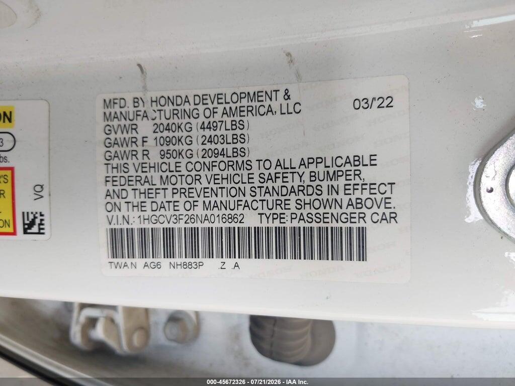 1HGCV3F26NA016862 2022 HONDA ACCORD HYBRID photo no. 9
