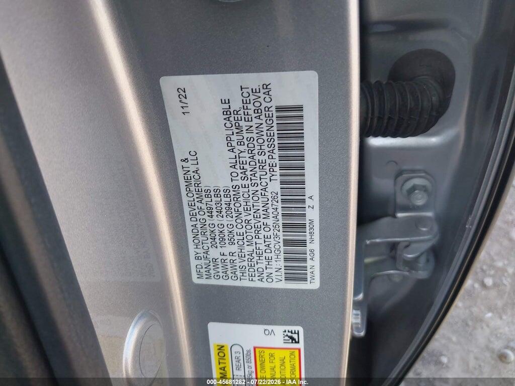 1HGCV3F25NA047262 2022 HONDA ACCORD HYBRID photo no. 9