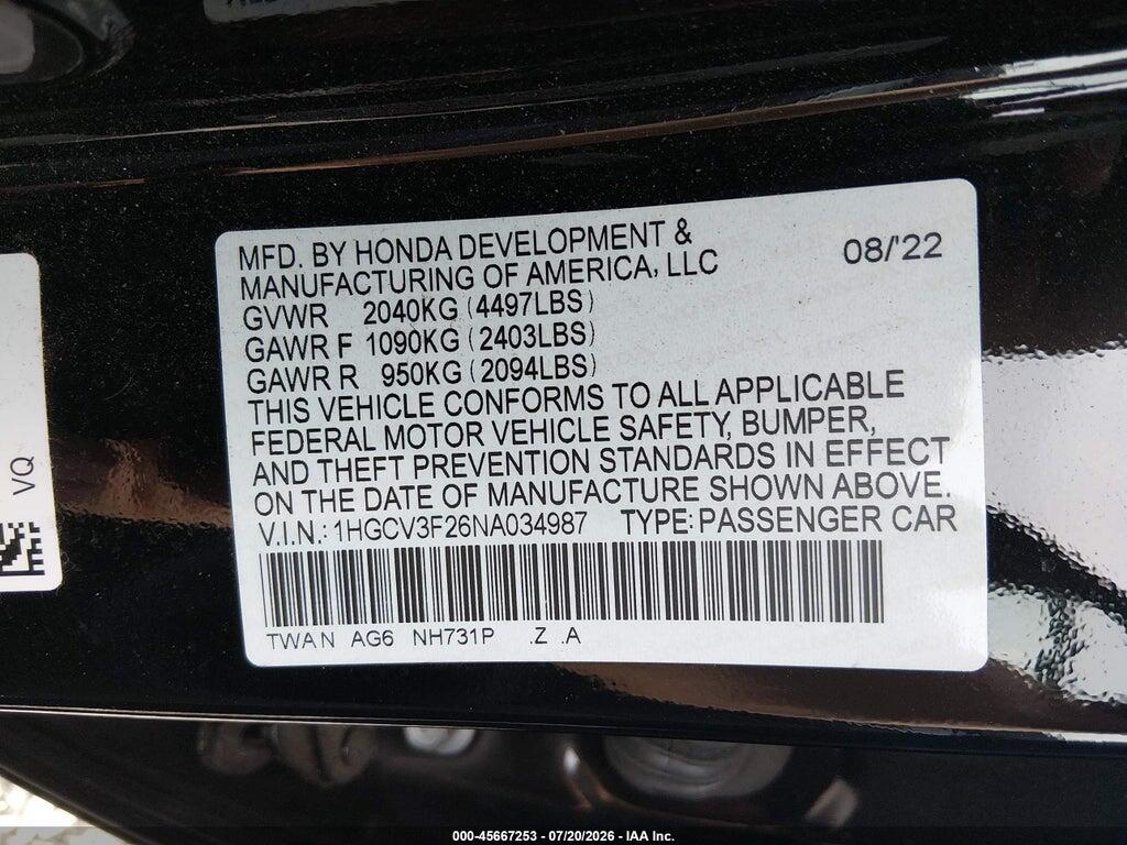 1HGCV3F26NA034987 2022 HONDA ACCORD HYBRID photo no. 9