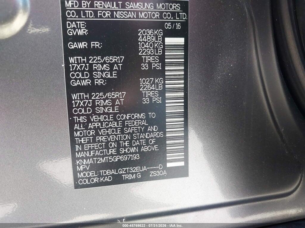 KNMAT2MT5GP697193 2016 NISSAN ROGUE photo no. 9