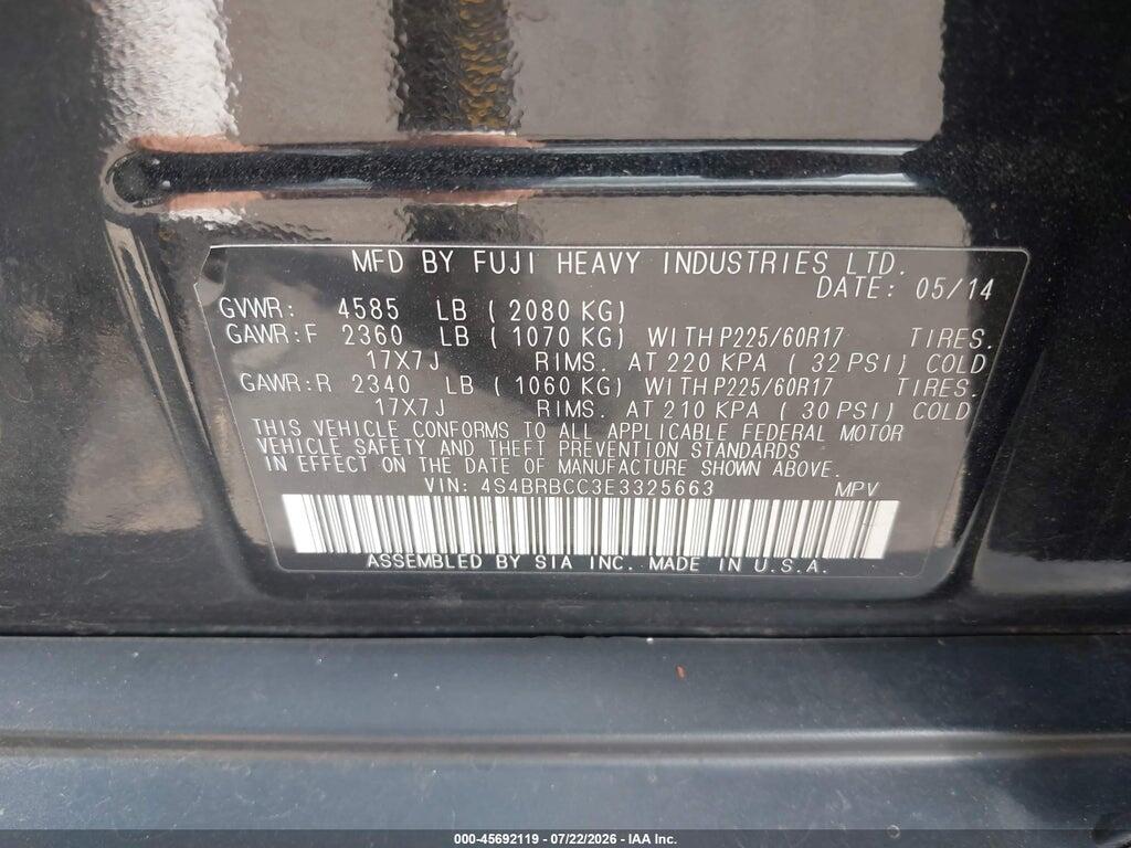 4S4BRBCC3E3325663 2014 SUBARU OUTBACK photo no. 9