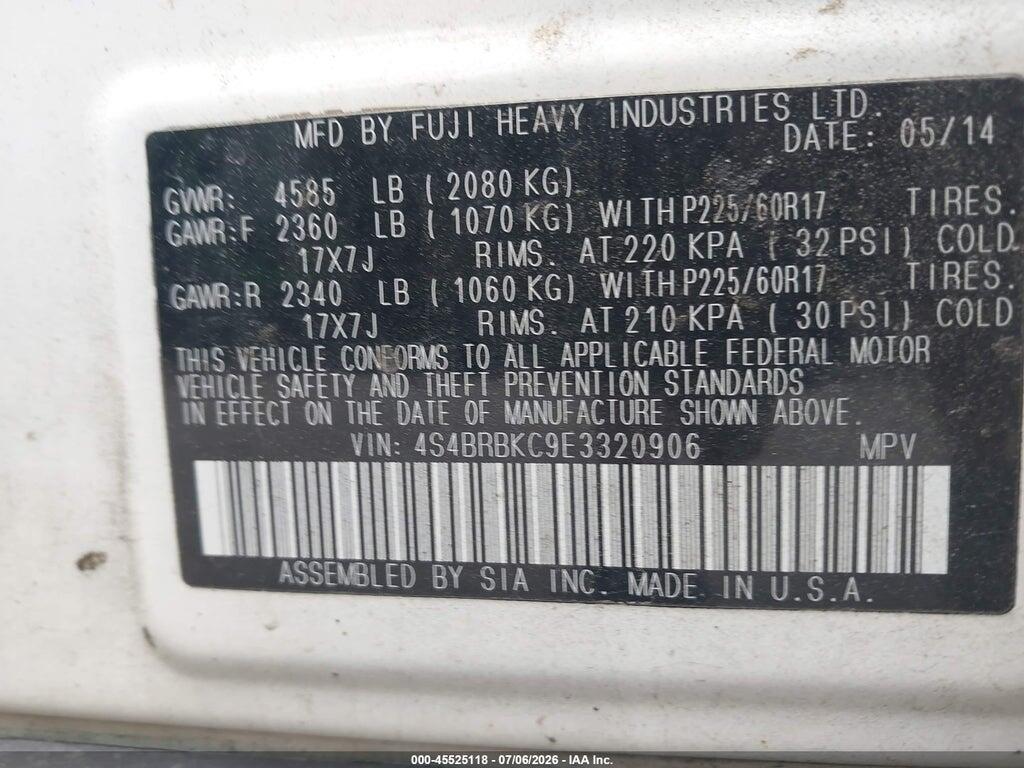 4S4BRBKC9E3320906 2014 SUBARU OUTBACK photo no. 9