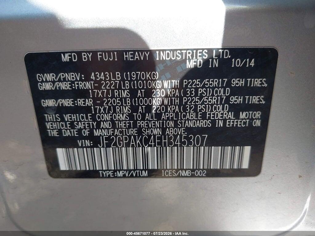 JF2GPAKC4EH345307 2014 SUBARU XV CROSSTREK photo no. 9