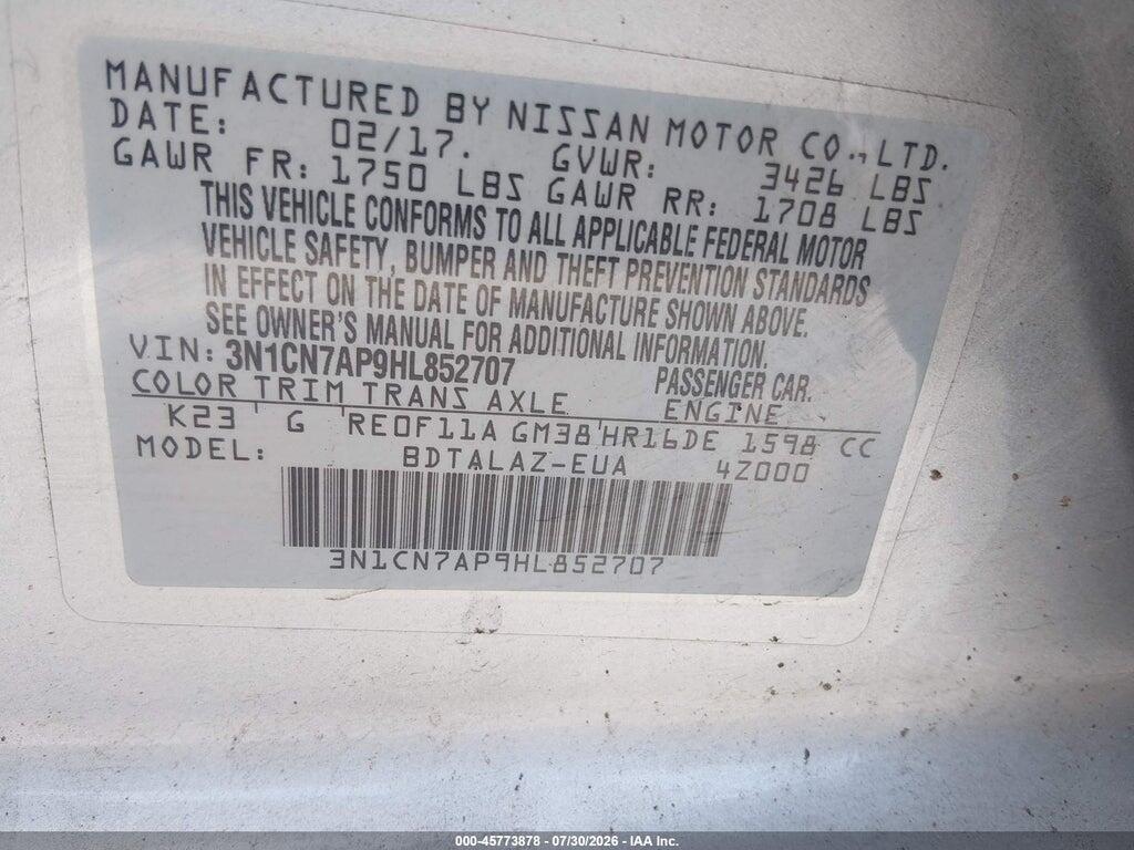 3N1CN7AP9HL852707 2017 NISSAN VERSA photo no. 9