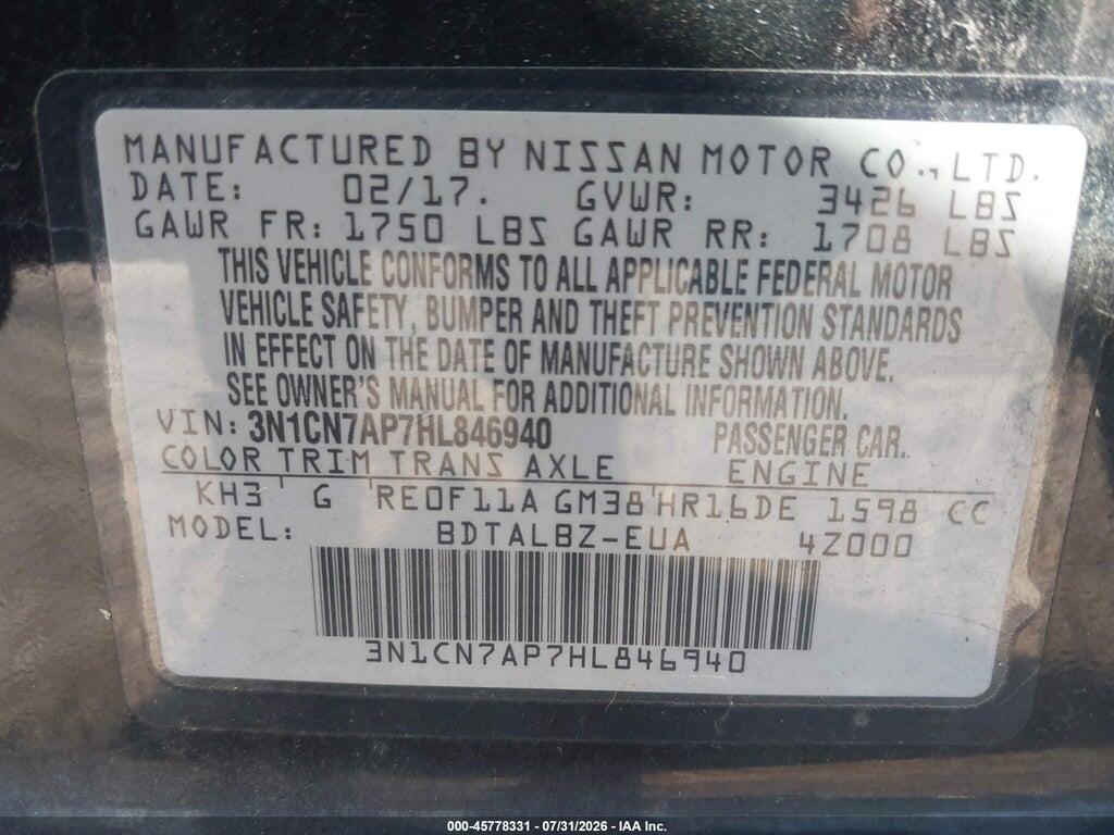 3N1CN7AP7HL846940 2017 NISSAN VERSA photo no. 9