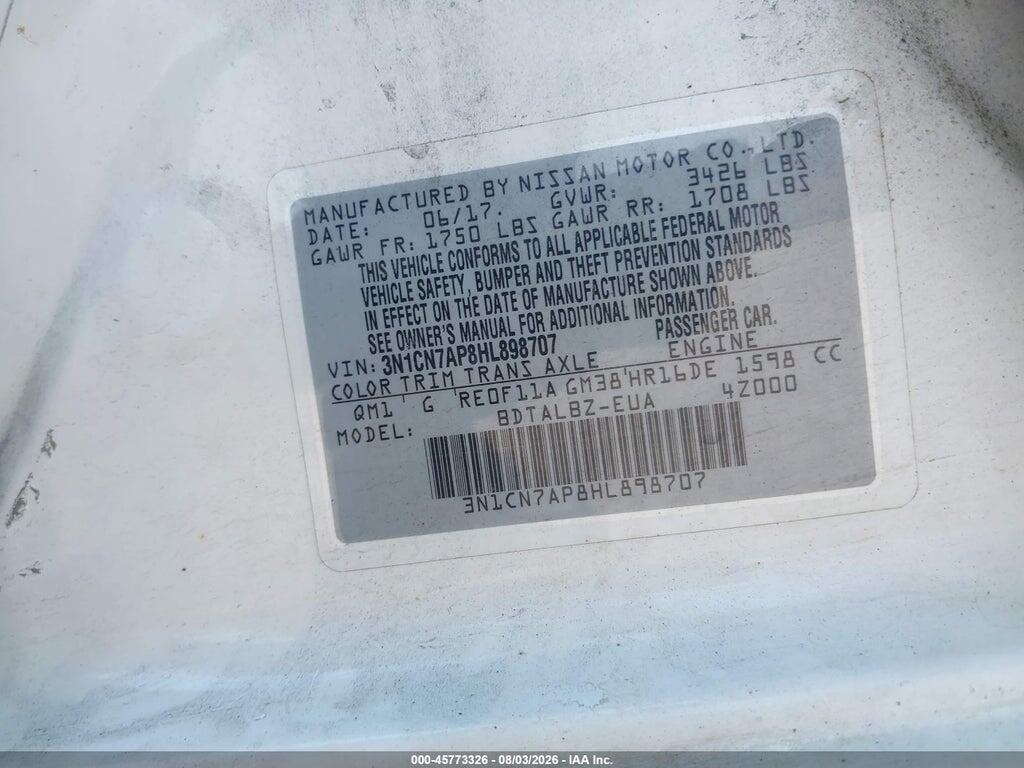 3N1CN7AP8HL898707 2017 NISSAN VERSA photo no. 9
