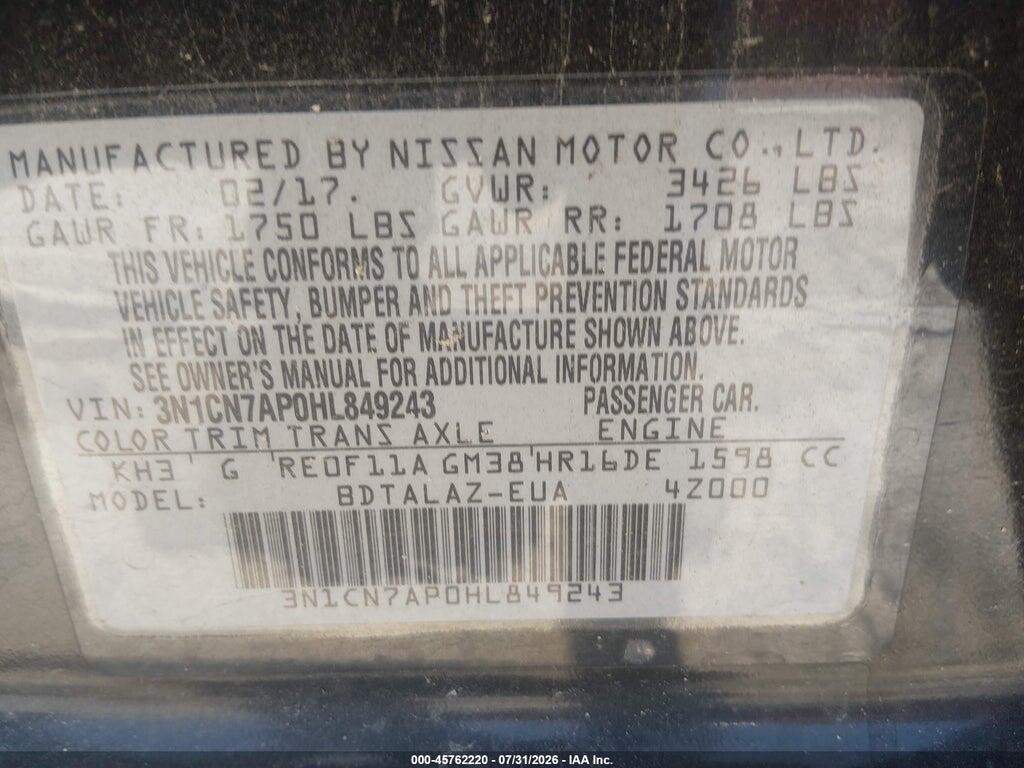 3N1CN7AP0HL849243 2017 NISSAN VERSA photo no. 9