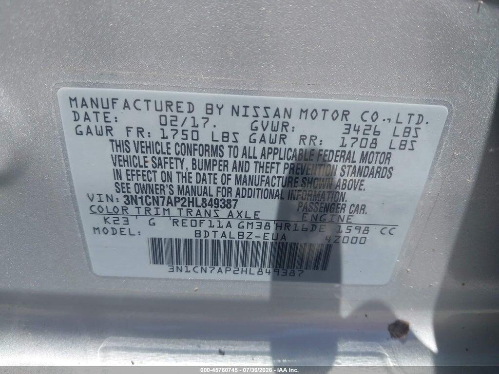 3N1CN7AP2HL849387 2017 NISSAN VERSA photo no. 9