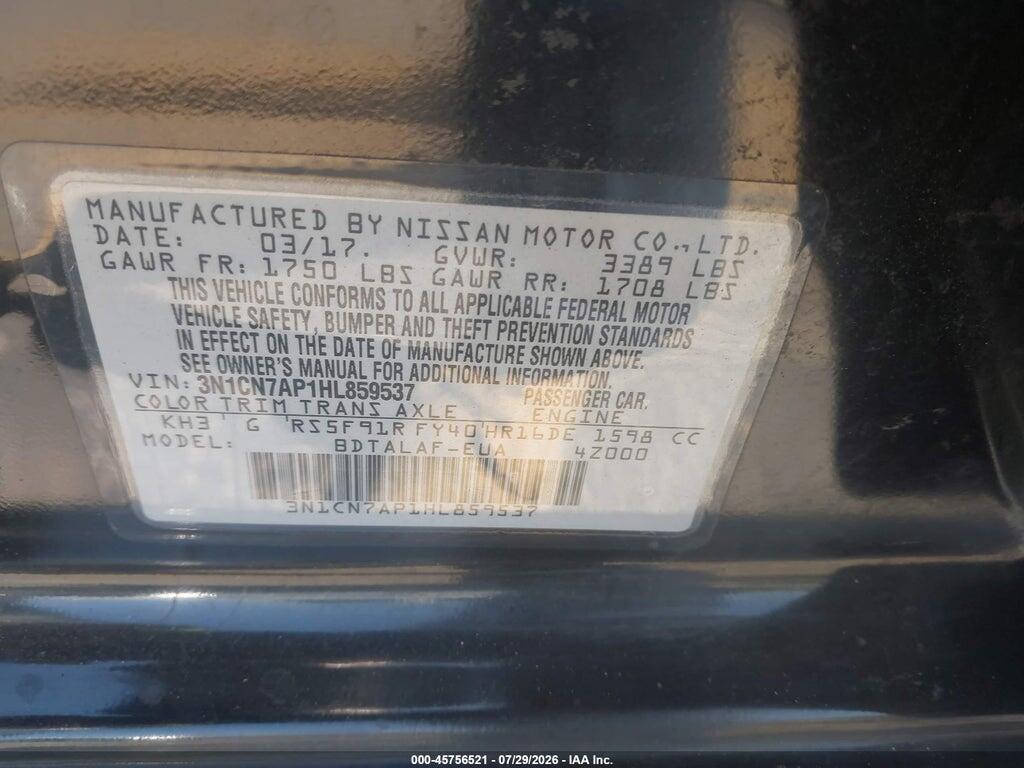3N1CN7AP1HL859537 2017 NISSAN VERSA photo no. 9