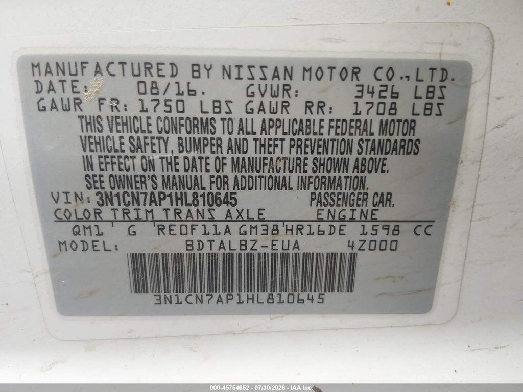 3N1CN7AP1HL810645 2017 NISSAN VERSA photo no. 9