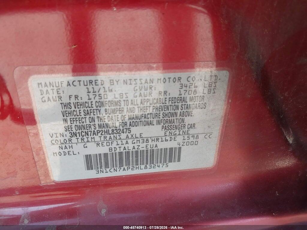 3N1CN7AP2HL832475 2017 NISSAN VERSA photo no. 9