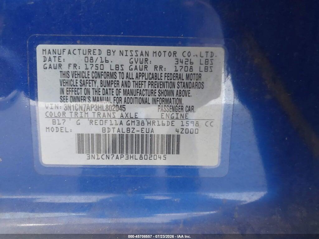 3N1CN7AP3HL802045 2017 NISSAN VERSA photo no. 9
