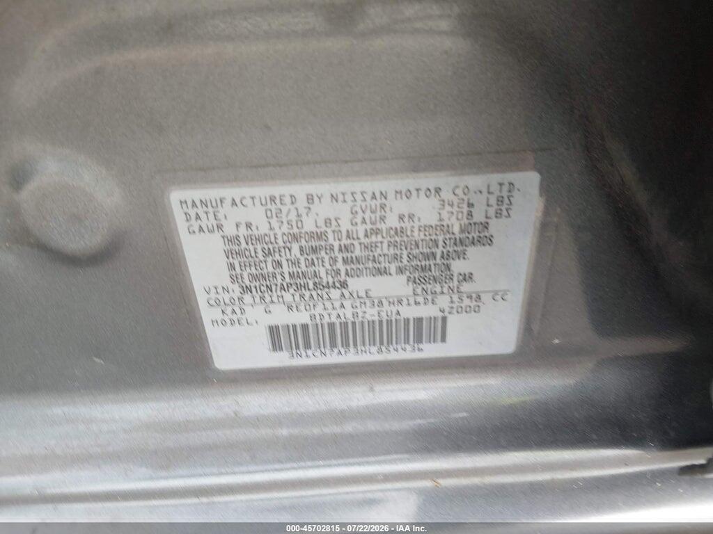3N1CN7AP3HL854436 2017 NISSAN VERSA photo no. 9