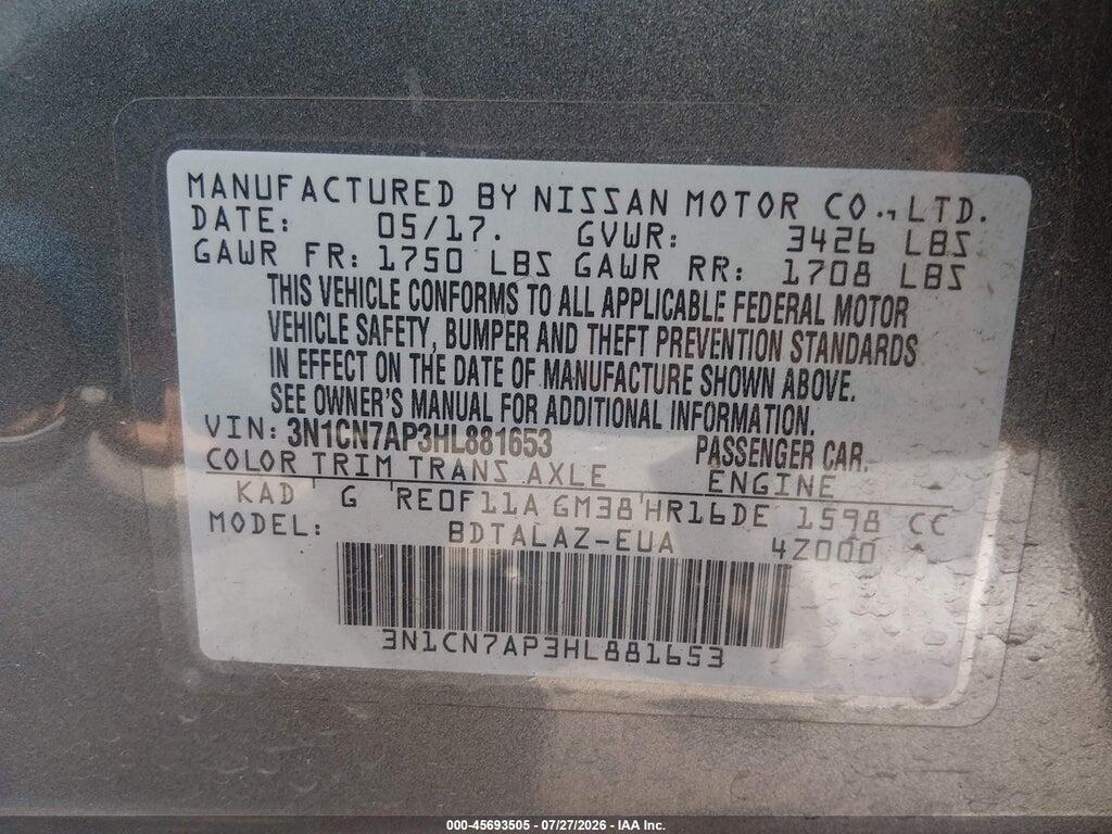 3N1CN7AP3HL881653 2017 NISSAN VERSA photo no. 9