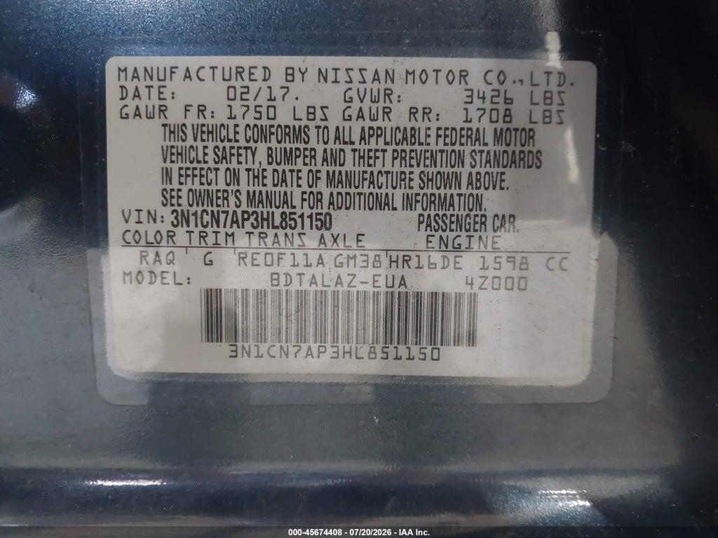 3N1CN7AP3HL851150 2017 NISSAN VERSA photo no. 9