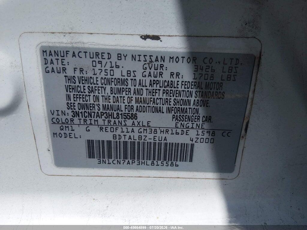 3N1CN7AP3HL815586 2017 NISSAN VERSA photo no. 9