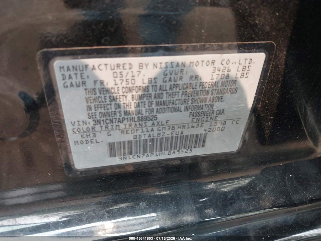 3N1CN7AP1HL889525 2017 NISSAN VERSA photo no. 9