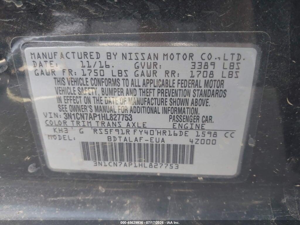 3N1CN7AP1HL827753 2017 NISSAN VERSA photo no. 9