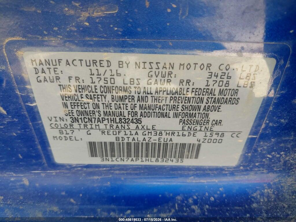 3N1CN7AP1HL832435 2017 NISSAN VERSA photo no. 9
