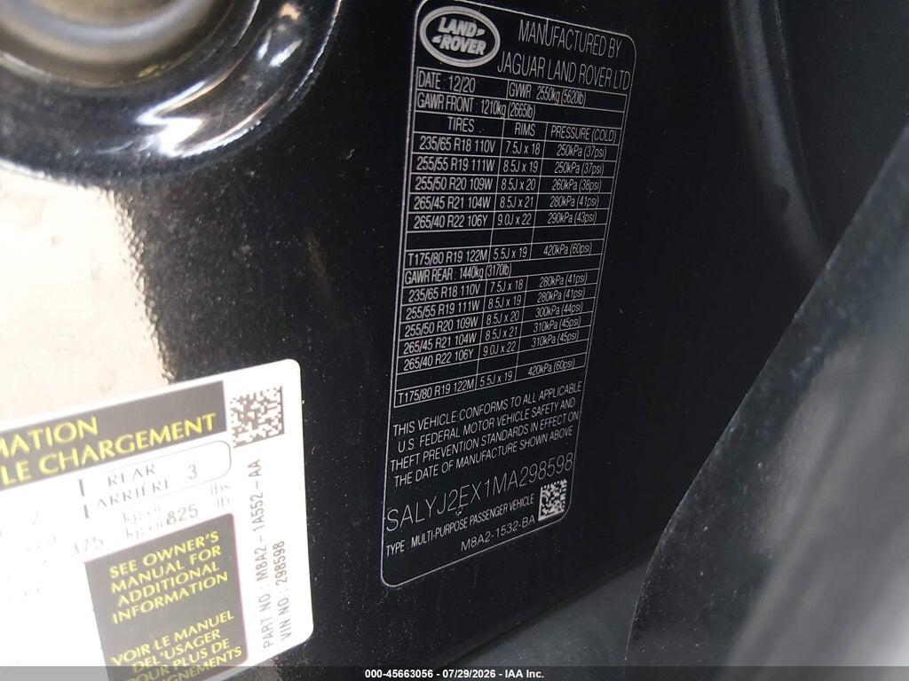 SALYJ2EX1MA298598 2021 LAND ROVER RANGE ROVER VELAR photo no. 9