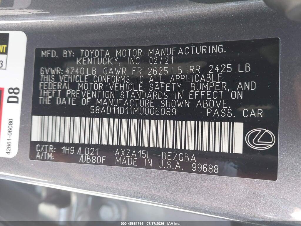 58AD11D11MU006089 2021 LEXUS ES 250 photo no. 9