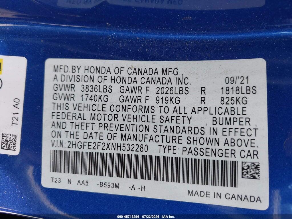 2HGFE2F2XNH532280 2022 HONDA CIVIC photo no. 9