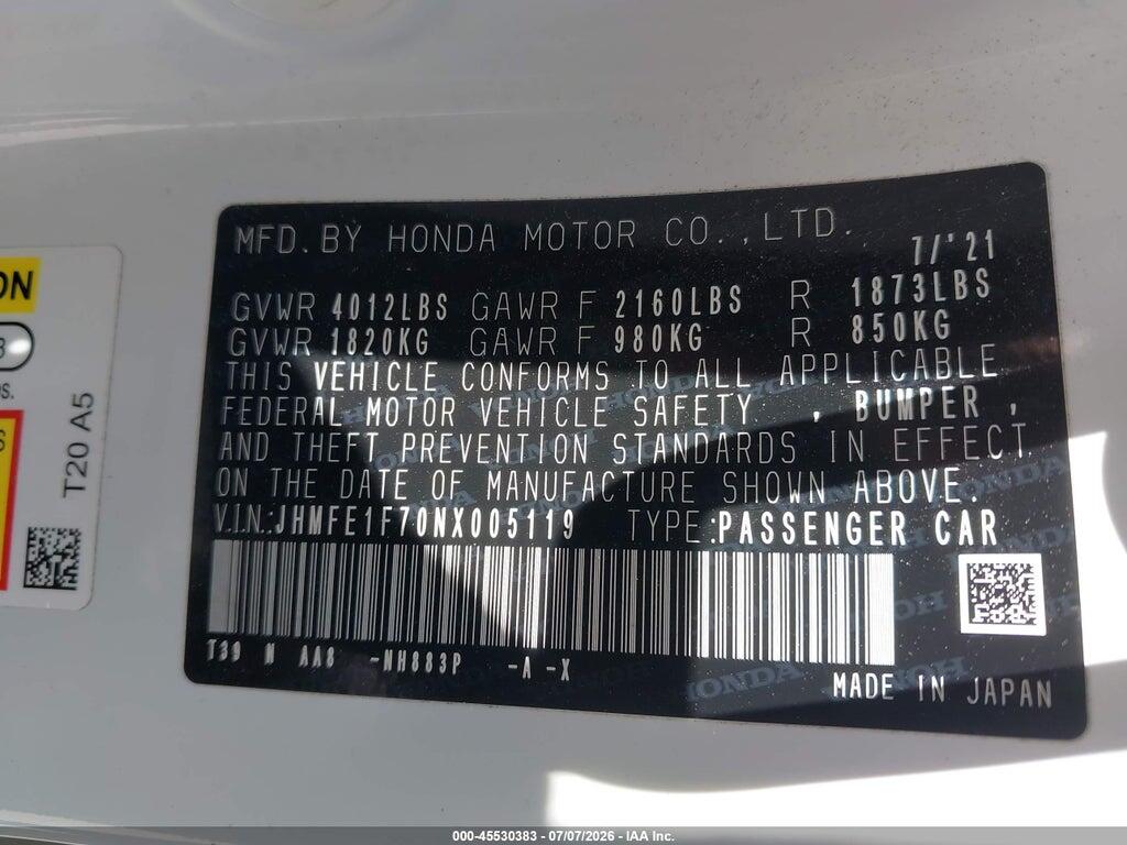 JHMFE1F70NX005119 2022 HONDA CIVIC photo no. 9