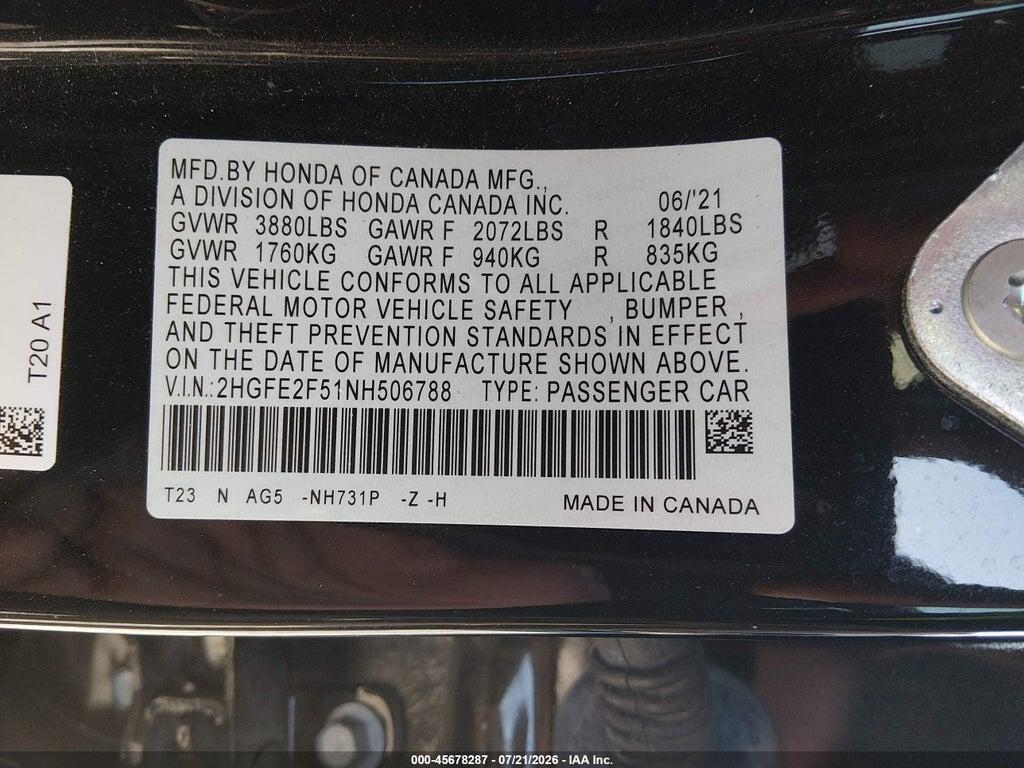 2HGFE2F51NH506788 2022 HONDA CIVIC photo no. 9