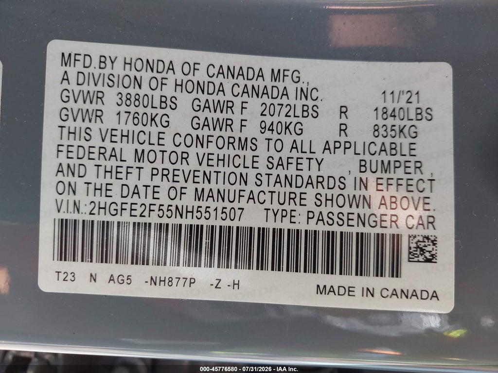 2HGFE2F55NH551507 2022 HONDA CIVIC photo no. 9