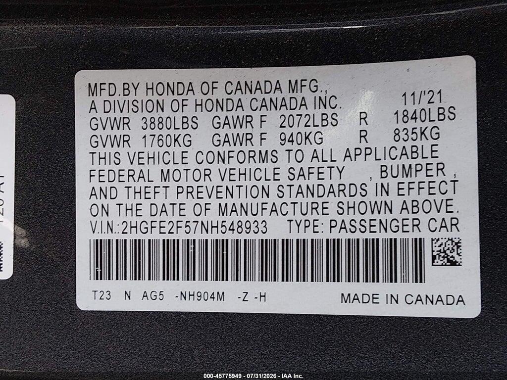 2HGFE2F57NH548933 2022 HONDA CIVIC photo no. 9
