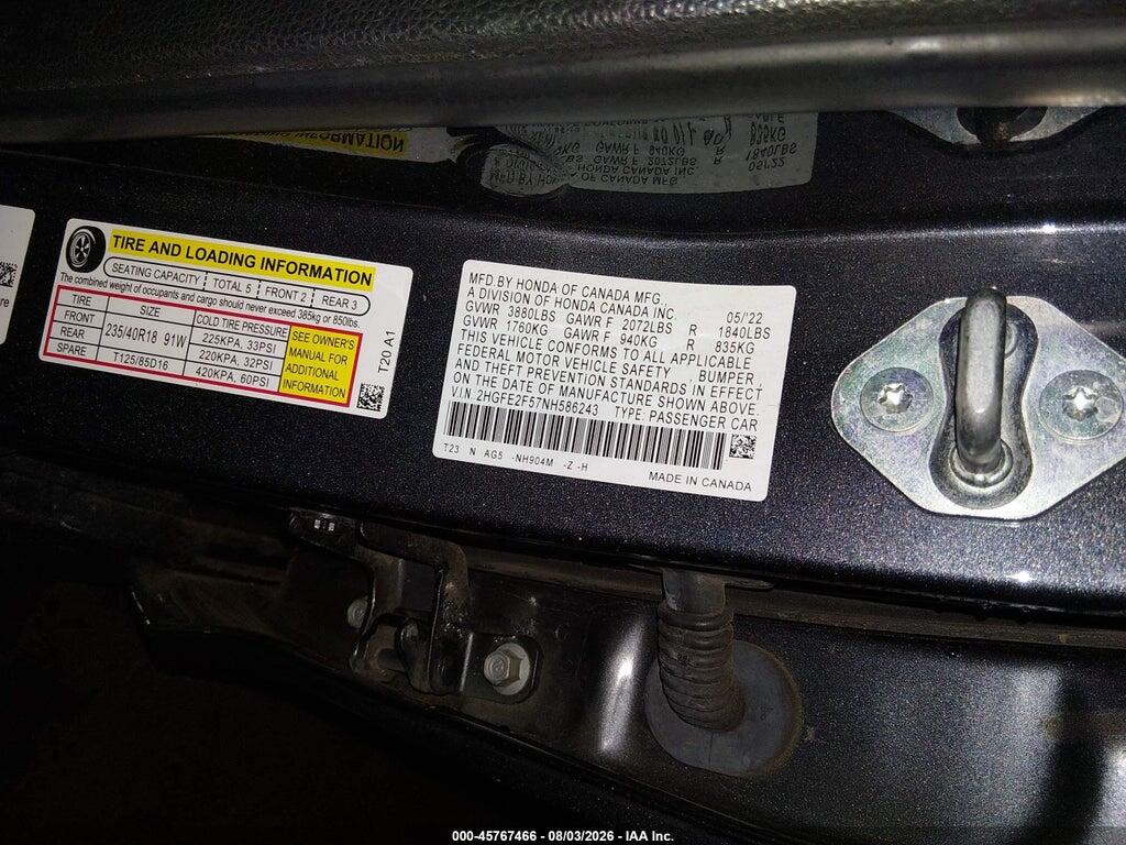 2HGFE2F57NH586243 2022 HONDA CIVIC photo no. 9
