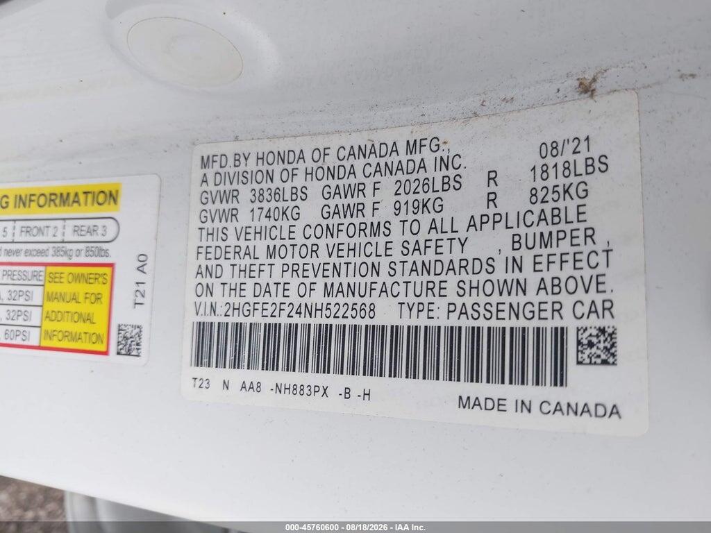 2HGFE2F24NH522568 2022 HONDA CIVIC photo no. 9