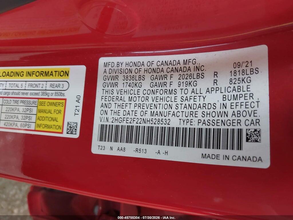 2HGFE2F22NH528532 2022 HONDA CIVIC photo no. 9