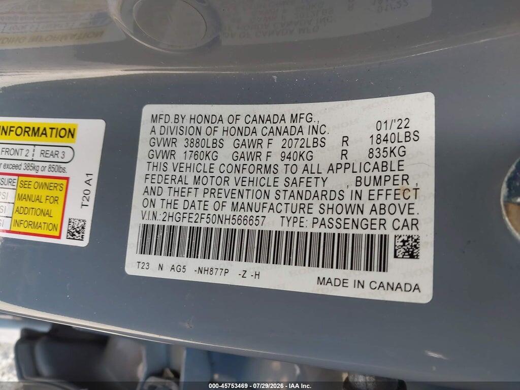 2HGFE2F50NH566657 2022 HONDA CIVIC photo no. 9