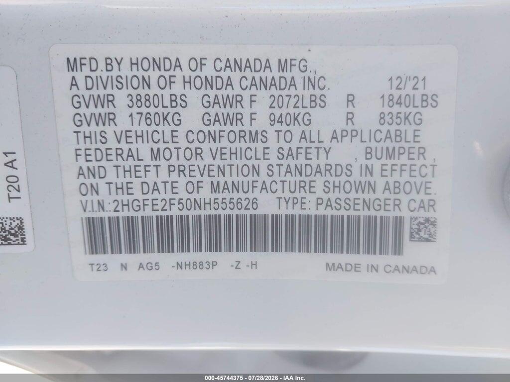 2HGFE2F50NH555626 2022 HONDA CIVIC photo no. 9