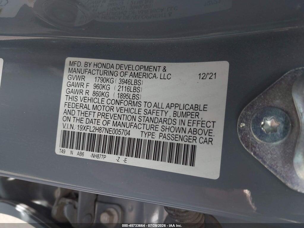 19XFL2H87NE005704 2022 HONDA CIVIC photo no. 9