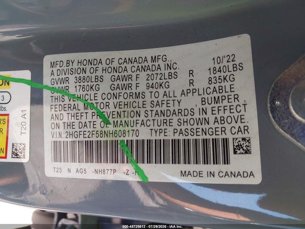 2HGFE2F58NH608170 2022 HONDA CIVIC photo no. 9